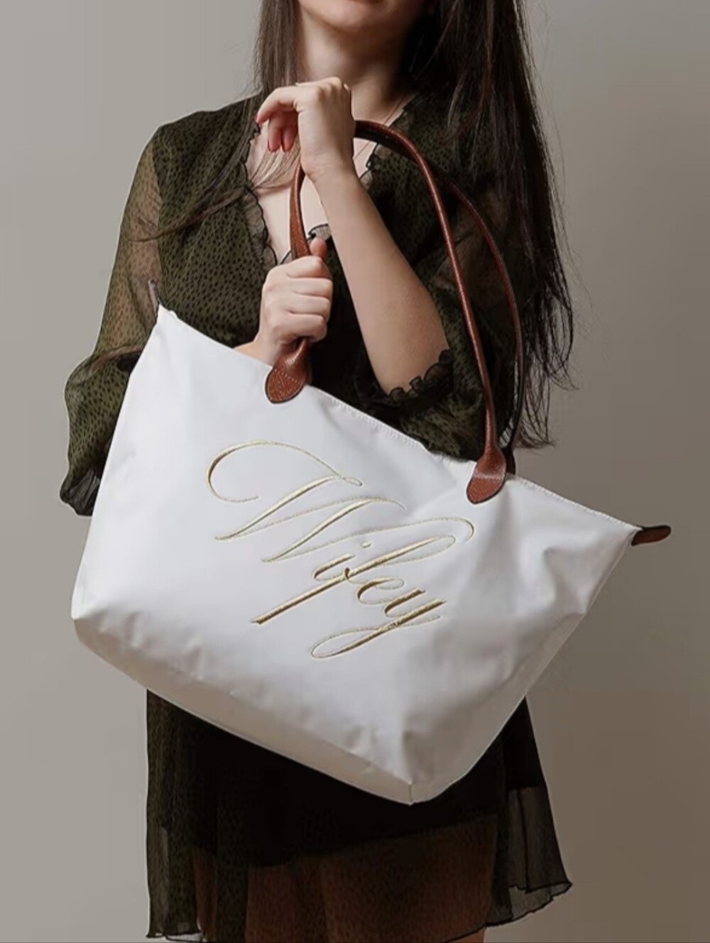 Pergozo Wifey Embroidered Tote Bag in White with Gold Script.